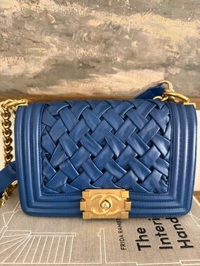 CHANEL Blue Woven Leather Boy Bag with Gold Hardware
